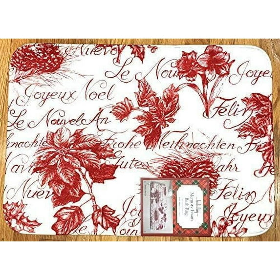 Serafina Home Luxury Holiday Christmas Traditional Etched Poinsettia Printed Foam Memory Floor Mat Rug with Red Accents on White Background Kitchen Foyer Office Entry Way