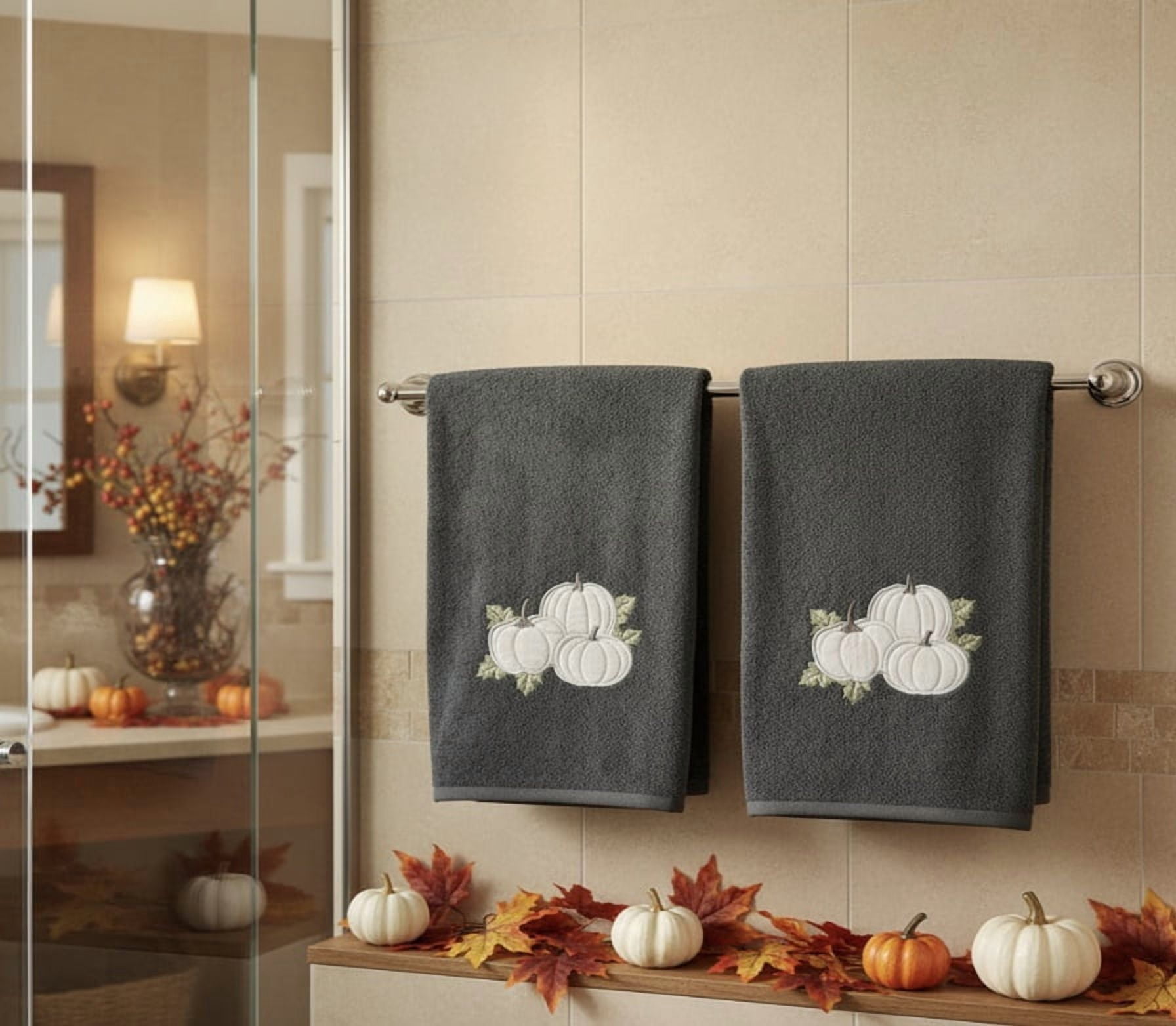 Serafina Home Luxury Holiday Fall Harvest Pumpkin Bath Towels, Embroidered Light Grey Pumpkins Leaves on Dark Gray Plush Velour Terry 100% Cotton, Set of 2, Measures 54" x 27"