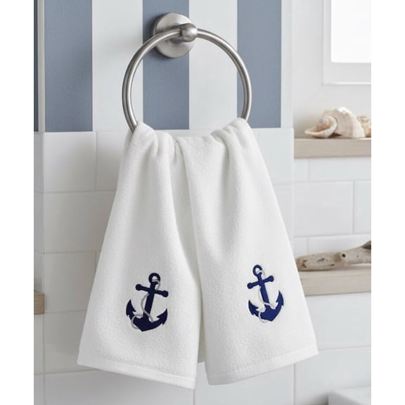 Serafina Home Summer Bathroom Soft Absorbent Anchor Guest Hand Towels: Nautical Blue Anchor with Gray Silver Rope Coastal Design, 2 Piece 16" x 25" Inches