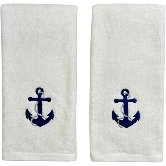 Serafina Home Luxury Soft Absorbent Embroidered Guest Hand Towels: Nautical Blue Anchor with Gray Rope Design, 2 Piece (Single Anchor)