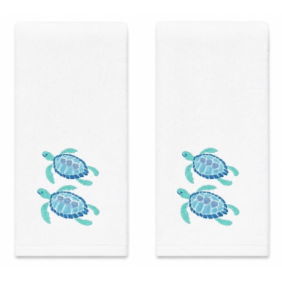Serafina Home Summer Soft Absorbent Guest Sea Turtle Hand Towels: Bright Aqua Blue Turquoise Embroidery Design, 2 Piece (Sea Turtles)