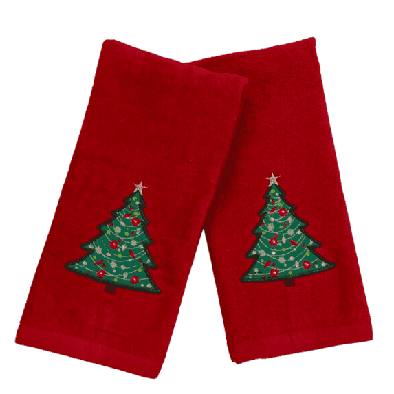 Serafina Home Merry Christmas Tree On A Red Hand Towel, Set or Two, 26" x 16" Inches