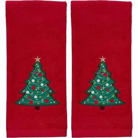Serafina Home Merry Christmas Tree On A Red Hand Towel, Set or Two, 25" x 16" Inches