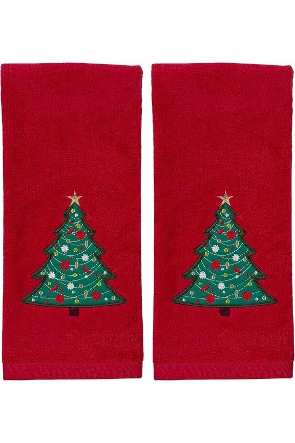 Merry Christmas Tree On A Red Hand Towel, Set or Two, 25" x 16" Inches