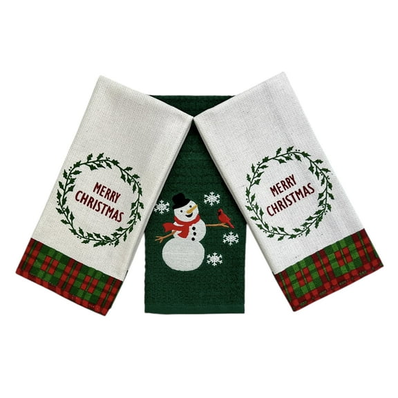 Serafina Home Merry Christmas Wreath Happy Snowman Set Of 3 Kitchen Towels