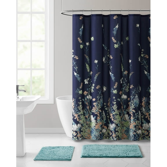 Serafina Home Misha Navy Blue Fabric Shower Curtain: Colorful and Elegant Floral Design (Navy Blue)