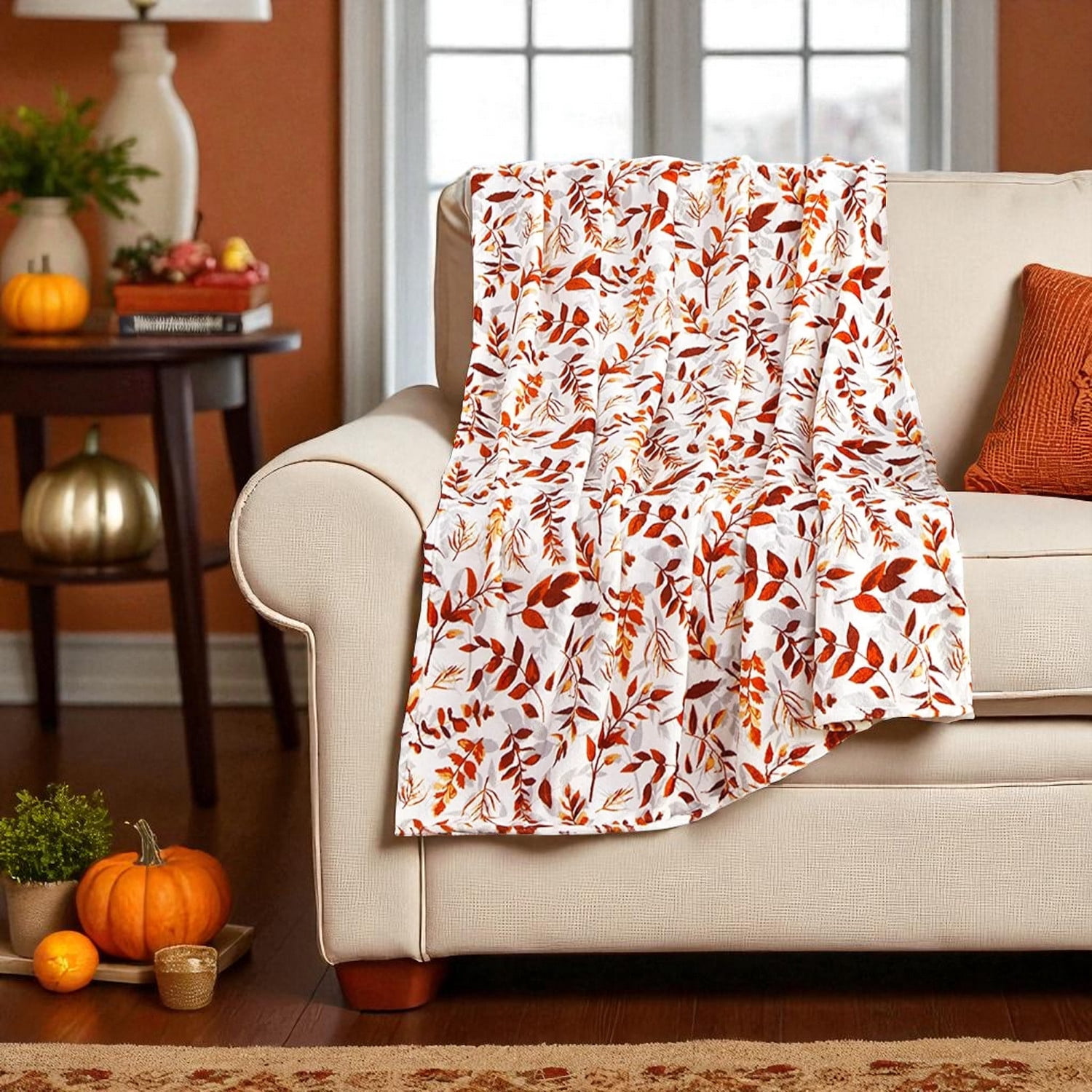 Serafina Home Fall Throw Blanket: Soft Fleece, Red Orange Brown Leaf ...