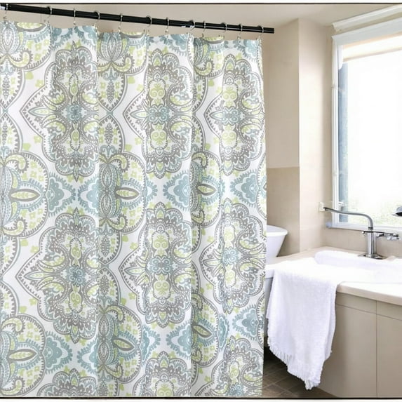Serafina Home Multicolor Damask Modern Paisley Polyester Shower Curtain, 70" x 72", Washable With Matching Light Green Roller Ball Hooks