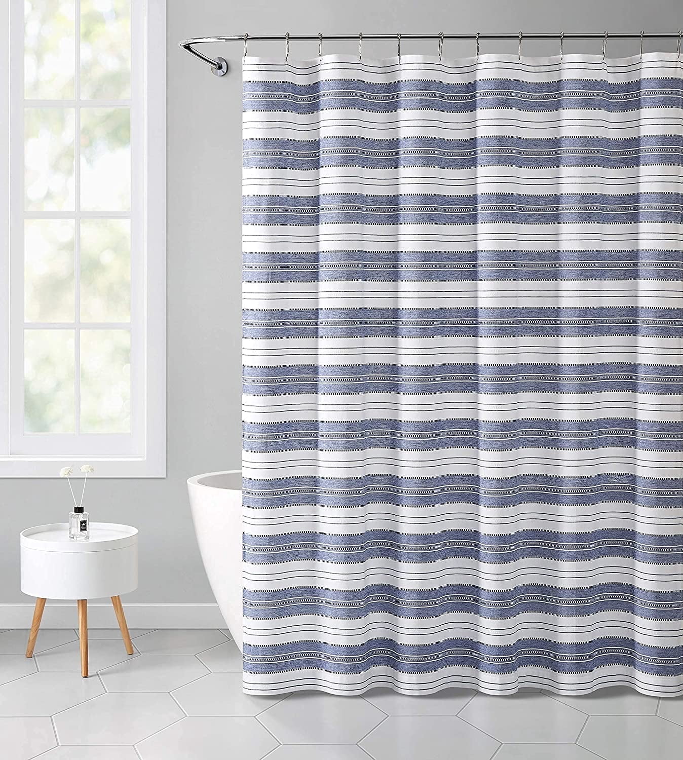 Serafina Home Nautical Striped Blue and White Fabric Shower Curtain: Chambray Cotton Luxury Hotel Detailed Eyelet Decorative Weave for Bathroom 72" x 72" (Denim Navy)