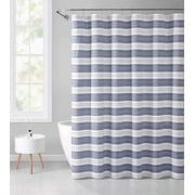 Serafina Home Nautical Striped Blue and White Fabric Shower Curtain Chambray Cotton Luxury Hotel Detailed Eyelet Decorative Weave for Bathroom 72" x 72" Denim Navy