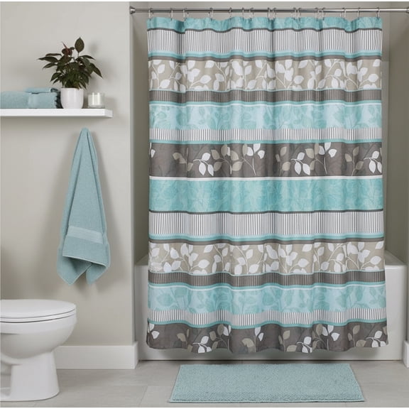 Serafina Home Hotel Quality Fabric Bathroom Shower Curtain: Striped Floral - Teal, Blue, Brown, Beige and White (72 x 70 inches)
