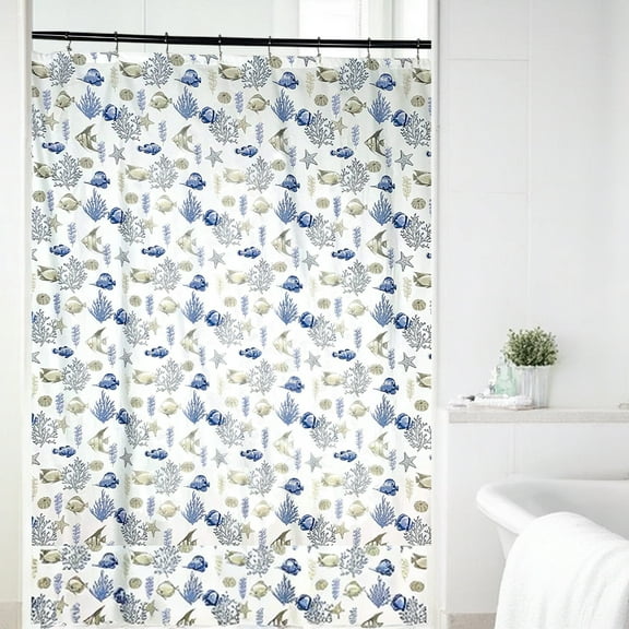 Serafina Home Ocean Fabric Shower Curtain: Fish Coral Sea Life Theme, Navy Taupe White 70" x 72"