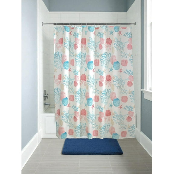 Serafina Home Ocean Life Coastal Coral, Aqua, Beige Shell Theme Fabric Shower Curtain, 70" x 72"
