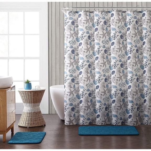 Serafina Home Ocean Sea Life Shower Curtain: Shells Coral Star Fish In Neutral Marine Blues And Tans for The Bathroom