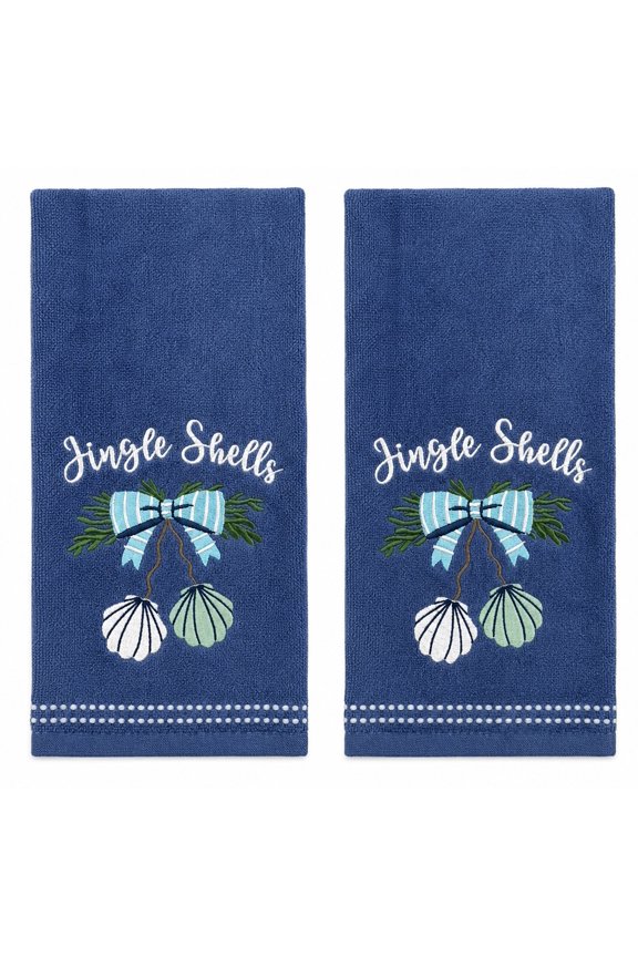 Ocean Shell Christmas Decor Hand Towels: Jingle Shells Embroidery, 2 Piece Set, 16" x 25" Inch