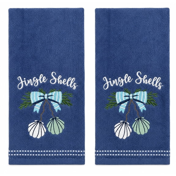 Serafina Home Ocean Shell Christmas Decor Hand Towels: Jingle Shells Embroidery, 2 Piece Set, 16" x 25" Inch