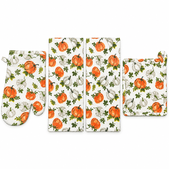 Serafina Home 4-Piece Farmhouse Fall Orange and White Pumpkins 100% Cotton Kitchen Linen Set
