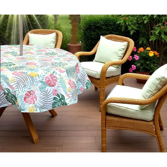 Serafina Home Outdoor Summer Colorful Tropical Palm Leaves and Flowers Patio Table Umbrella Vinyl Tablecloth, Hole with Zipper, Green Coral Yellow Taupe White, 52" x 70" Inch Rectangle
