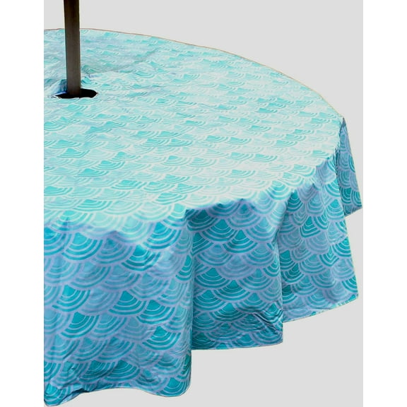 Serafina Home Outdoor Summer Geometric Waves Patio Table Umbrella Vinyl Tablecloth, Umbrella Hole with Zipper, 52" x 70" Inch Rectangle