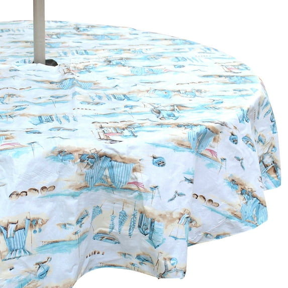 Serafina Home Outdoor Summer Old Fashion Seaside Villas Coastal Patio Table Umbrella Vinyl Tablecloth, Umbrella Hole with Zipper, Blue Tan White, 70" Inch Diameter Round