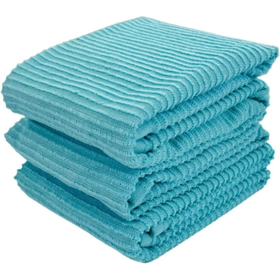 Serafina Home Aqua Light Blue Kitchen Dish Towels: (18" x 28", 3 Pack) 100% Cotton Cloth Soft Cleaning Drying Absorbent Ribbed Terry Loop, Multipurpose (Aqua Blue)
