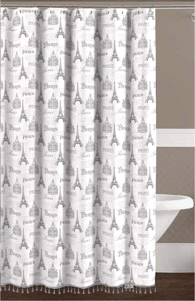 Serafina Home Paris Fabric Shower Curtain: Antique Style Paris Typography Grey White Eiffel Tower Toile Design with Fringe (Eiffel Paris)