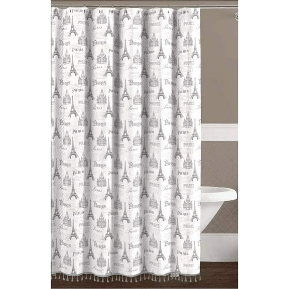 Serafina Home Paris Fabric Shower Curtain: Antique Style Paris Typography Grey White Eiffel Tower Toile Design with Fringe (Eiffel Paris)