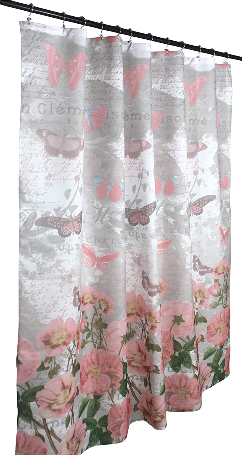 Serafina Home Pink Grey Butterfly Fabric Shower Curtain for Bathroom: Elegant Flower Garden Toile Design