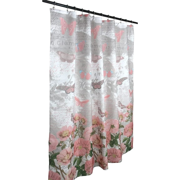 Serafina Home Pink Grey Butterfly Fabric Shower Curtain for Bathroom: Elegant Flower Garden Toile Design