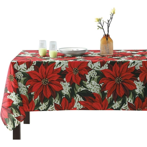 Serafina Home Poinsettia Christmas Fabric Tablecloth: Festive Holiday Blooming Floral Design, Red Green White, 60" x 84"