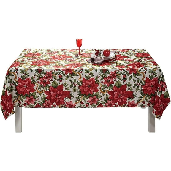Serafina Home Poinsettia Christmas Fabric Tablecloth: Festive Holiday Floral Holly Berry Pinecone Design (60"x 84" inch)
