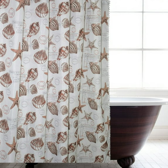 Serafina Home Coastal Shells Fabric Shower Curtain, Coral Orange Beige Grey 70" x 72", Washable