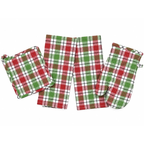 Serafina Home Red, Green And White Plaid Kitchen Set With Two Towels And Ovenmitt And Potholder