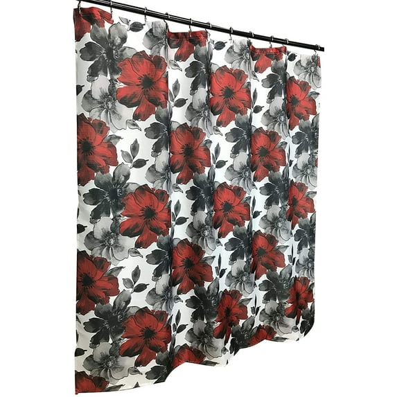 Serafina Home Romantic Goth Shower Curtain: Watercolor Floral Design, Deep Red Charcoal Black White