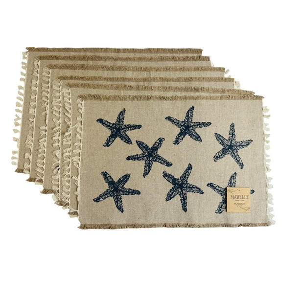 Serafina Home Rustic Nautical Placemats, Set of Six (6) Faux Burlap Weave Fabric with Fringe, for Kitchen Table, Patio, Holidays, Guests for Summer Fun (Starfish)