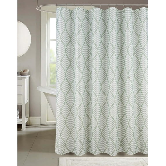 Serafina Home Sage Green White Fabric Shower Curtain for Bathroom: Farmhouse Tropical Palm Leaf Design