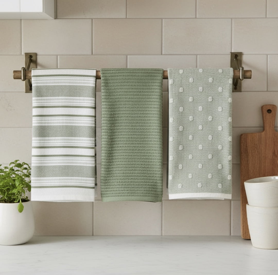 Serafina Home Sage Green And White Kitchen Hand Dish Towels: Oversized 28" x 16",100% Cotton Cloth Soft Cleaning Drying Absorbent Assorted Design, Set of 3 Multipurpose for Everyday Use