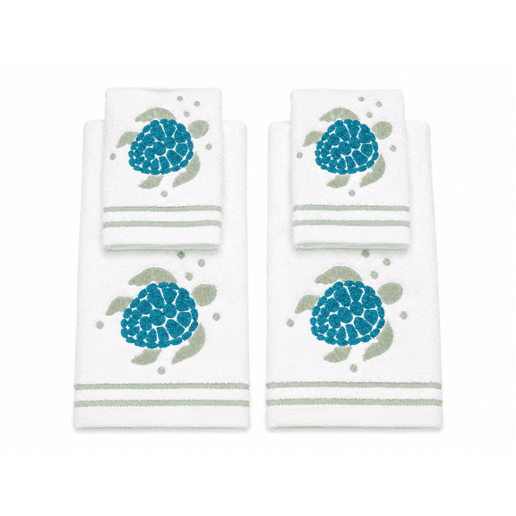Serafina Home Sea Turtle Bath Towel Set, Embroidered Aqua Green Ocean Turtles, 4 pc Set: 2 12 x 18 fingertip Towels and 2 16 x 25 Hand Towels