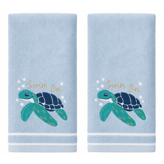 Serafina Home Sea Turtle Bathroom Hand Towels Set, 2 Pieces, 16 x 25 inches, Blue and Turquoise Embroidered Turtle on Light Blue Towel