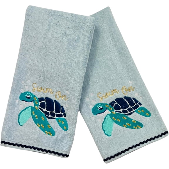 Serafina Home Sea Turtle Bathroom Hand Towels Set, 2 Pieces, 16 x 25 inches, Blue and Turquoise Embroidered Turtle on Light Blue Towel