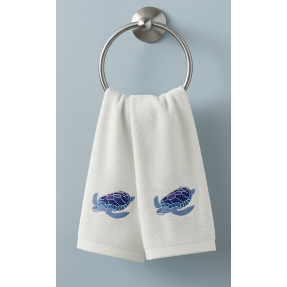 Serafina Home Sea Turtle Fingertip Towels Summer Soft Absorbent Bathroom Guest Decor : Aqua Blue Turquoise Royal Blue Embroidery Design, 2 Piece 12" x 18" Inches