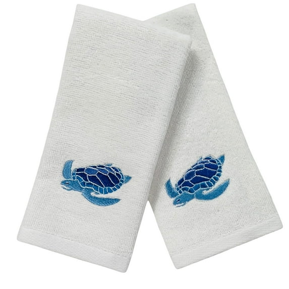 Serafina Home Sea Turtle Fingertip Towels Summer Soft Absorbent Bathroom Guest Decor : Aqua Blue Turquoise Royal Blue Embroidery Design, 2 Piece 12" x 18" Inches