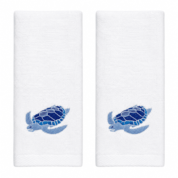 Serafina Home Sea Turtle Fingertip Towels Summer Soft Absorbent Bathroom Guest Decor : Aqua Blue Turquoise Royal Blue Embroidery Design, 2 Piece 12" x 18" Inches