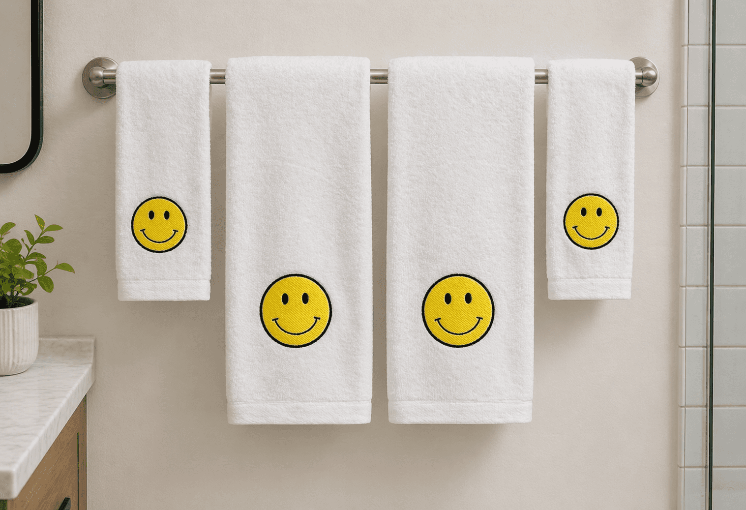 Serafina Home Smiley Face Bath Towel Set, 4 Piece, 2 Hand Towels 16" x 25", 2 Fingertip Towels 12" x 18", 100% Cotton Terry Velour
