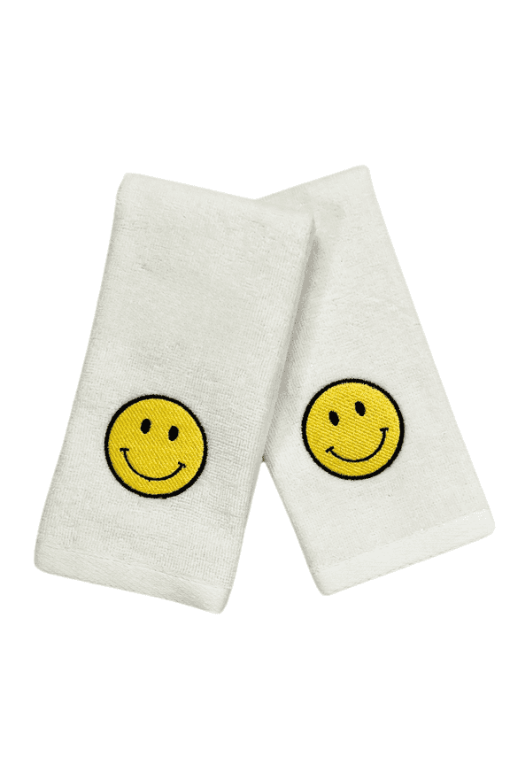 Smiley Smiling Face Bathroom Tip Towel - 100% Cotton 2 pc Set Fingertip 12 x18 Inch Housewarming -Birthday -Graduation Gift Decor