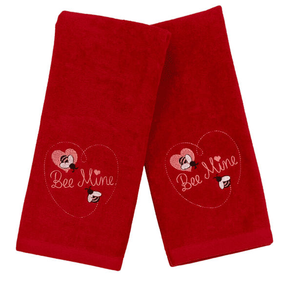 Serafina Home Soft Absorbent Cotton Valentine Hand Towels: Embroidered Be Mine Bees Hearts on Red 2 Piece Set 16" x 25"