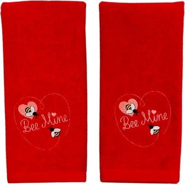 Serafina Home Soft Absorbent Funny Cotton Valentine Hand Towels: Embroidered Be Mine Bees Hearts on Red 2 Piece Set