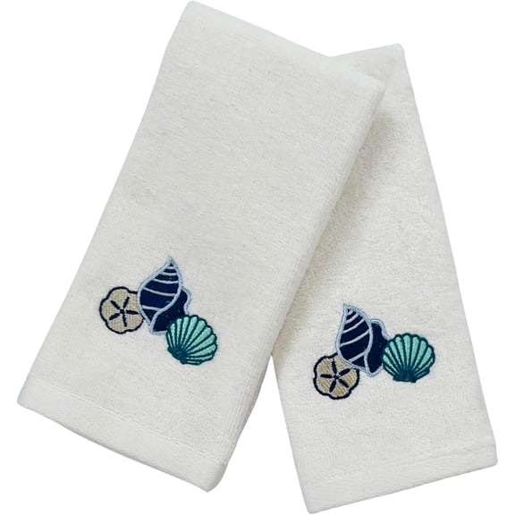 Serafina Home Summer Soft Absorbent Bathroom Coastal Guest Embroidered Fingertip Towels: Summer Shells and Coral Sea Life Design, 2 Piece 12" x 18" Inches