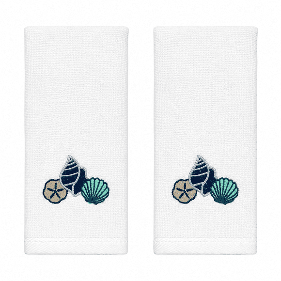 Serafina Home Summer Soft Absorbent Bathroom Coastal Guest Embroidered Fingertip Towels: Summer Shells and Coral Sea Life Design, 2 Piece 12" x 18" Inches
