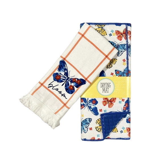 Serafina Home Spring And Summer Colorful Butterfly Dish Drying Mat And Matching Butterfly Towel, 15" x 20"